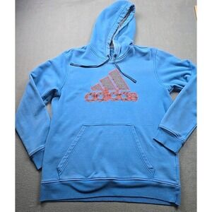 Adidas Hoodie Women LARGE Pullover Blue w Orange Logo Cotton Drawstring